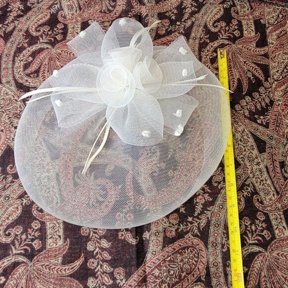 White Saucer Fascinator Mesh with White Rosette Saucer Hair Accessory - Picture 13 of 14